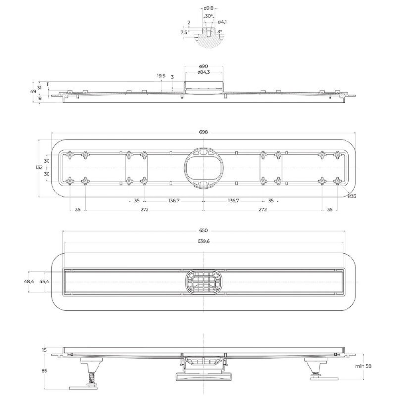 Дренажный канал BelBagno Luce BB-LD-LUCE-70-CR, 70 см, с решеткой под плитку, цвет хром