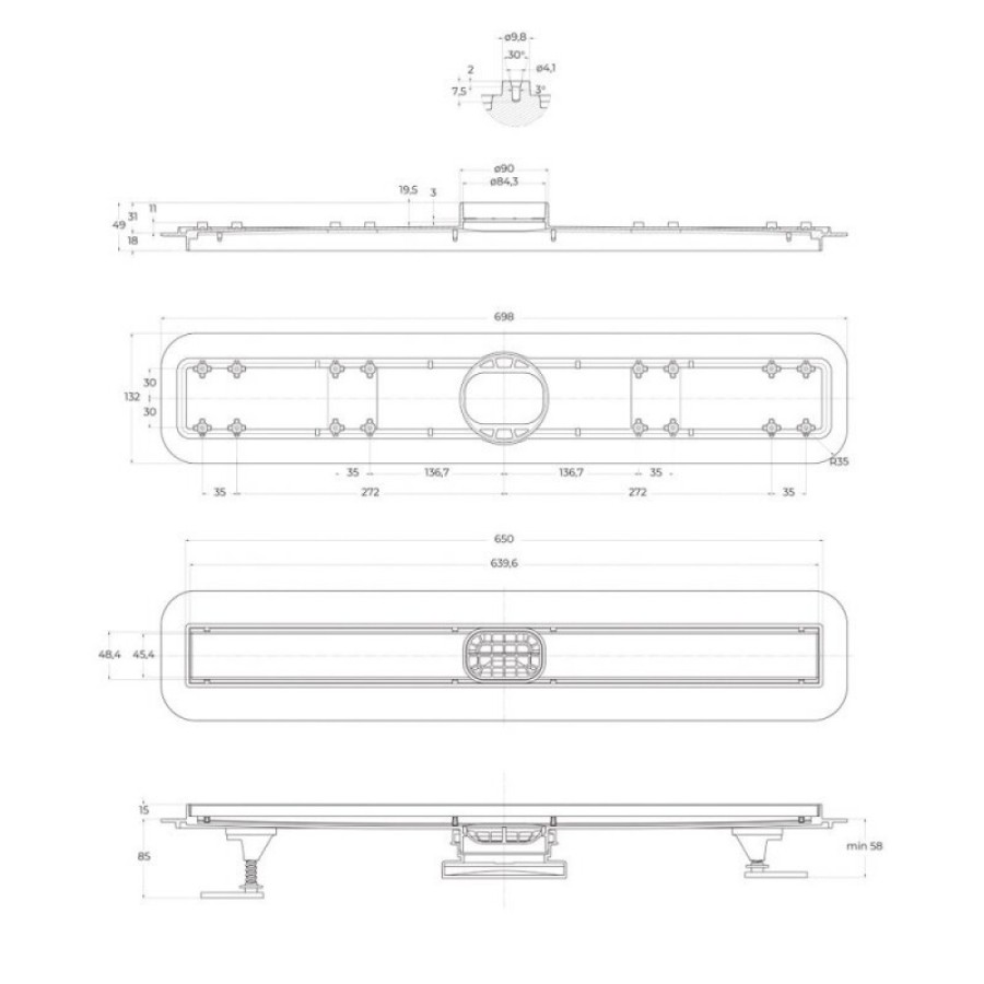 Дренажный канал BelBagno Luce BB-LD-LUCE-70-NERO, 70 см, с решеткой под плитку, цвет черный матовый