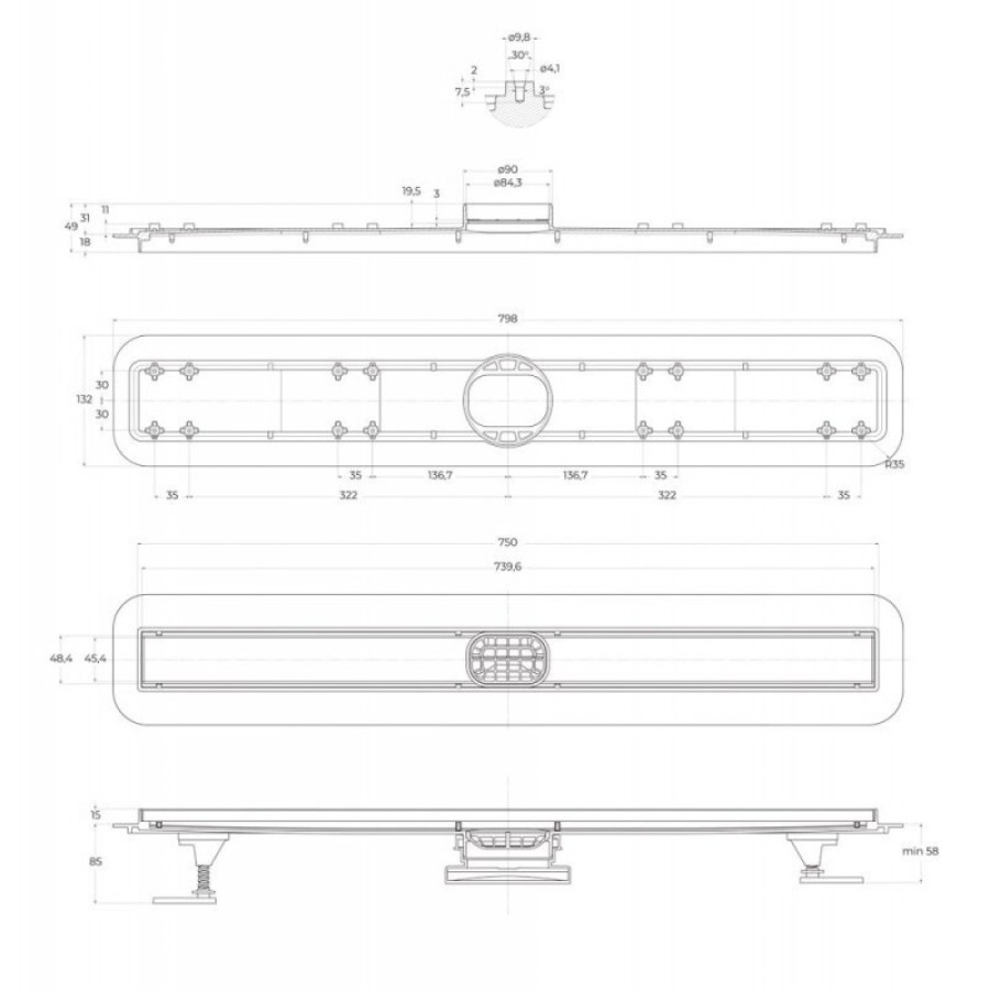 Дренажный канал BelBagno Luce BB-LD-LUCE-80-BIANCO, 80 см, с решеткой под плитку, цвет белый матовый