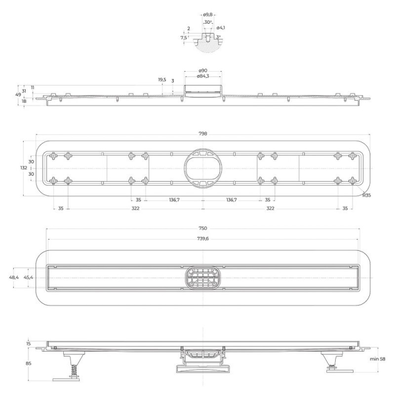 Дренажный канал BelBagno Luce BB-LD-LUCE-80-CR, 80 см, с решеткой под плитку, цвет хром