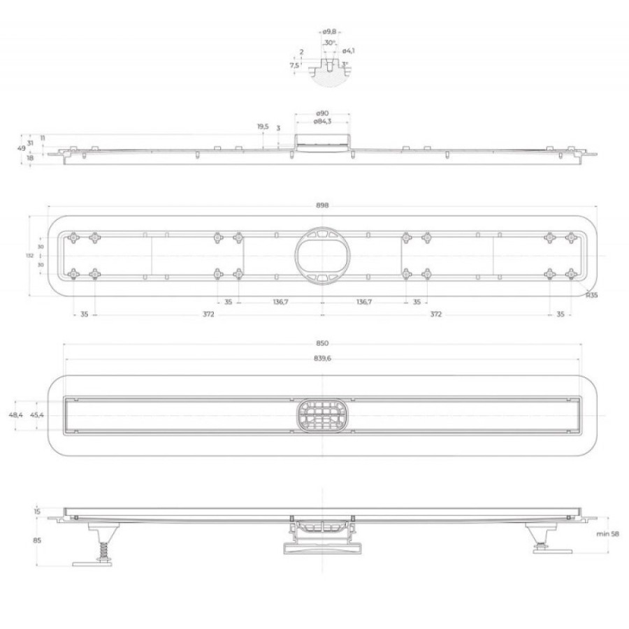 Дренажный канал BelBagno Luce BB-LD-LUCE-90-NERO, 90 см, с решеткой под плитку, цвет черный матовый