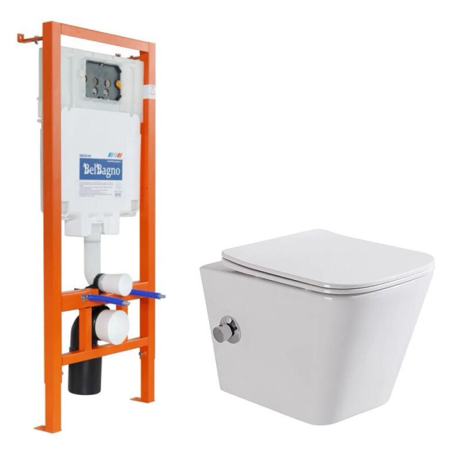 Инсталляция BelBagno с безободковым унитазом BelBagno Due, сиденье микролифт, BB002-80/BB3103CHR-BS/SC
