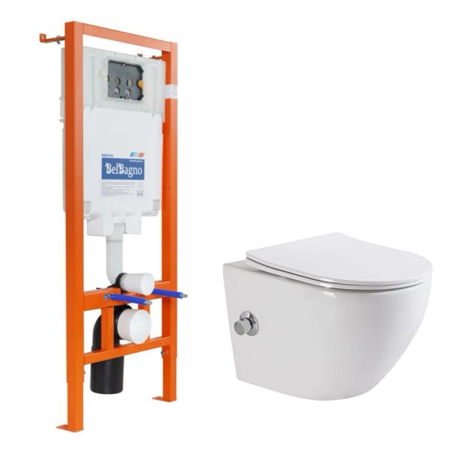 Инсталляция BelBagno с безободковым унитазом BelBagno UNO, сиденье микролифт, BB002-80/BB3105CHR-BS/SC
