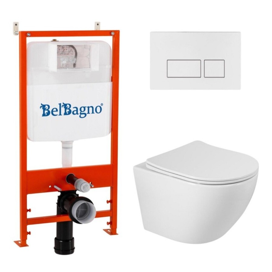 Инсталляция BelBagno с унитазом BelBagno Sfera-R BB046CHR/SC/BB026/BB042BL, сиденье микролифт, клавиша смыва белая, белый, 3 в 1