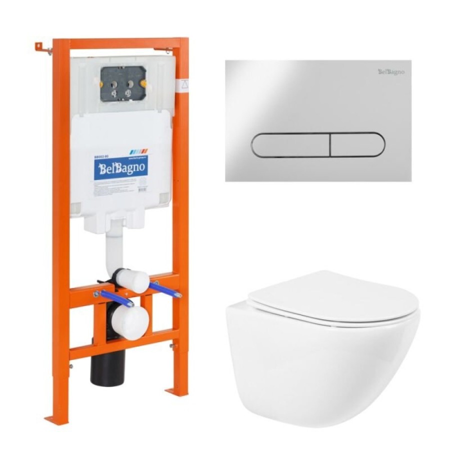 Инсталляция BelBagno с унитазом BelBagno Amanda BB051CHR, сиденье микролифт, клавиша хром, комплект