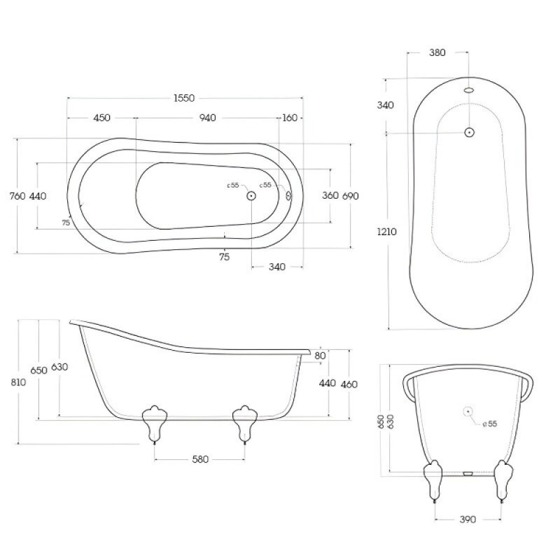 Ванна акриловая Belbagno BB06-1550, 155 x 76 см, белый
