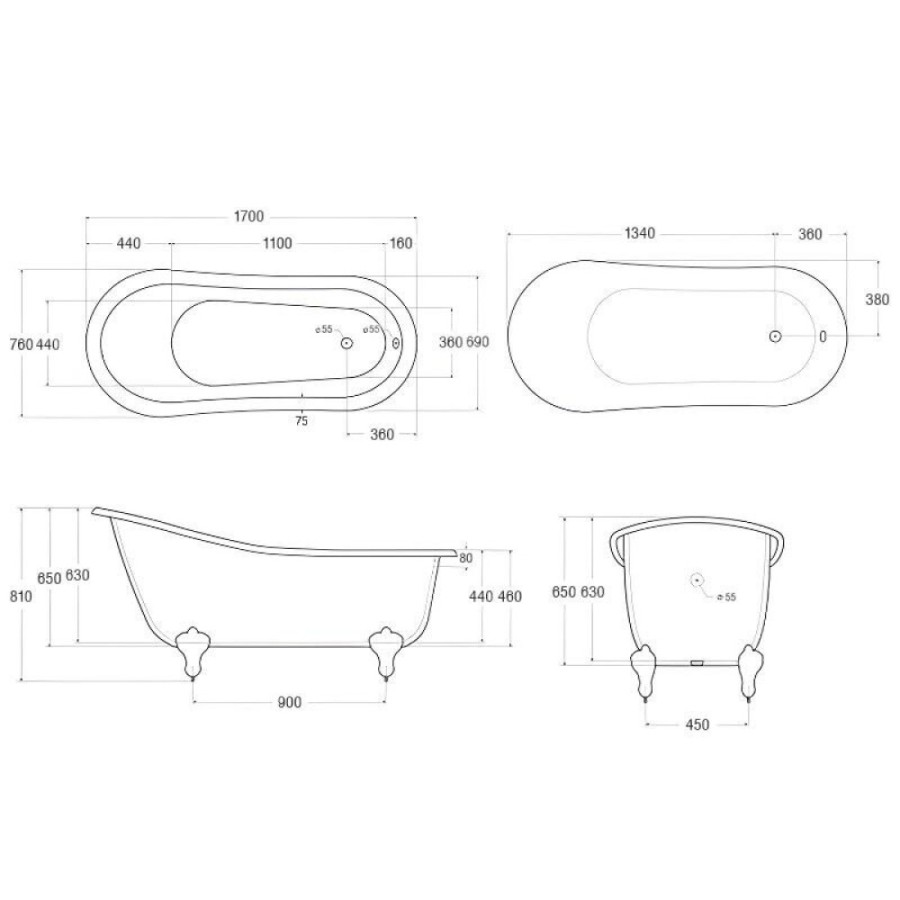 Ванна акриловая BelBagno BB06-1700, ножки бронза, BB06-1700/BB04-SUP/BB-LEG-LION-BRN