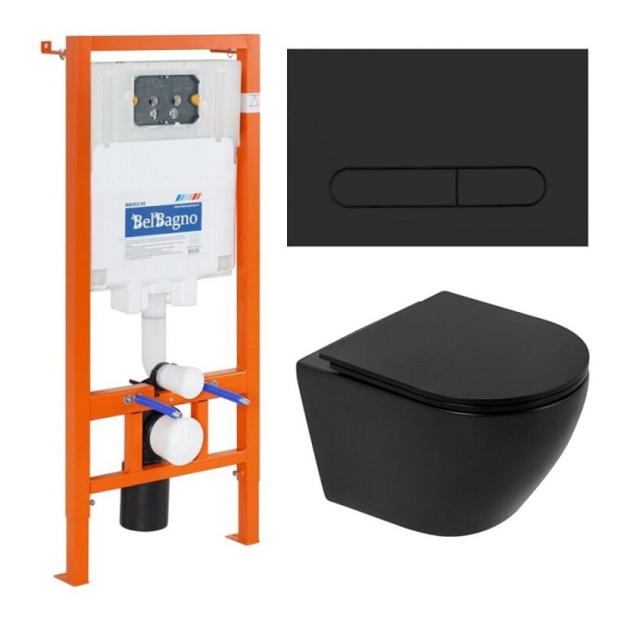 Инсталляция BelBagno BB062CHR-MB/BB062SC-MB/BB002-80/BB007-PR-NERO.M, с унитазом BelBagno Colorato, сиденье с микролифтом, клавиша черная, комплект