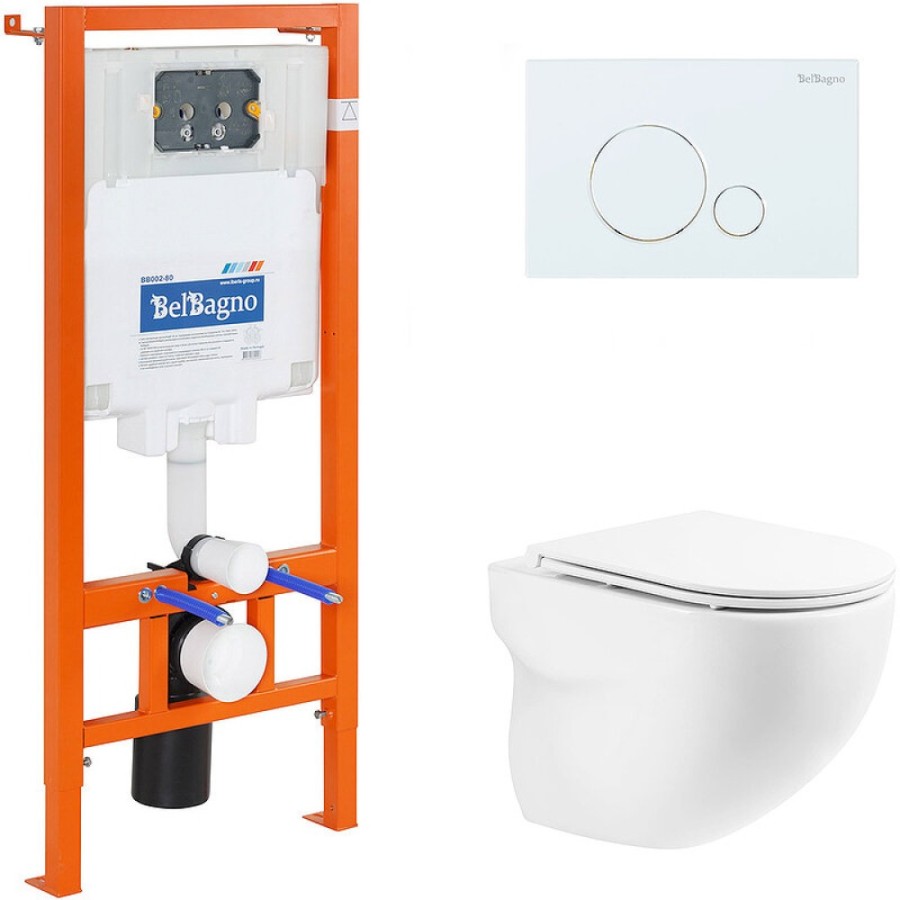 Инсталляция BelBagno Onda BB066CHR/BB870SC/BB002-80/BB014-SR-BIANCO, с белым унитазом, сиденье микролифт, клавиша смыва белая
