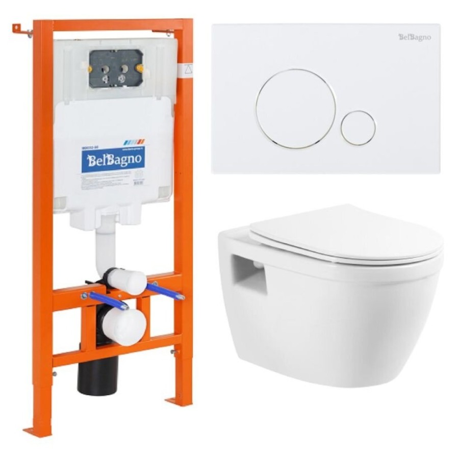 Инсталляция BelBagno с унитазом BelBagno Loto BB070CHR, сиденье с микролифтом, клавиша белая круглая, комплект