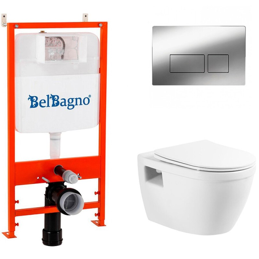 Инсталляция BelBagno с унитазом BelBagno Loto BB070CHR/SC/BB026/BB041CR, сиденье микролифт, клавиша смыва хром, белый, 4 в 1