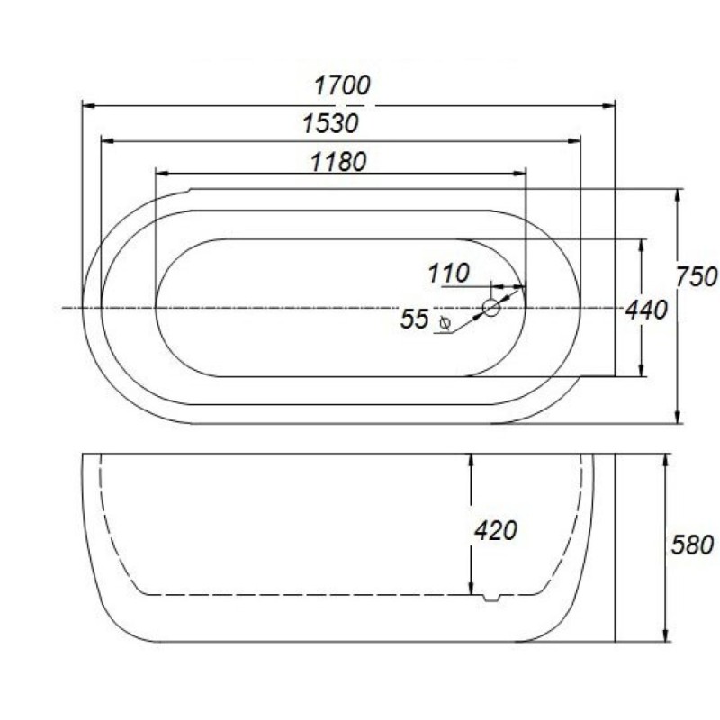 Ванна акриловая BelBagno, BB11-1700-R 170 х 75 см, правая
