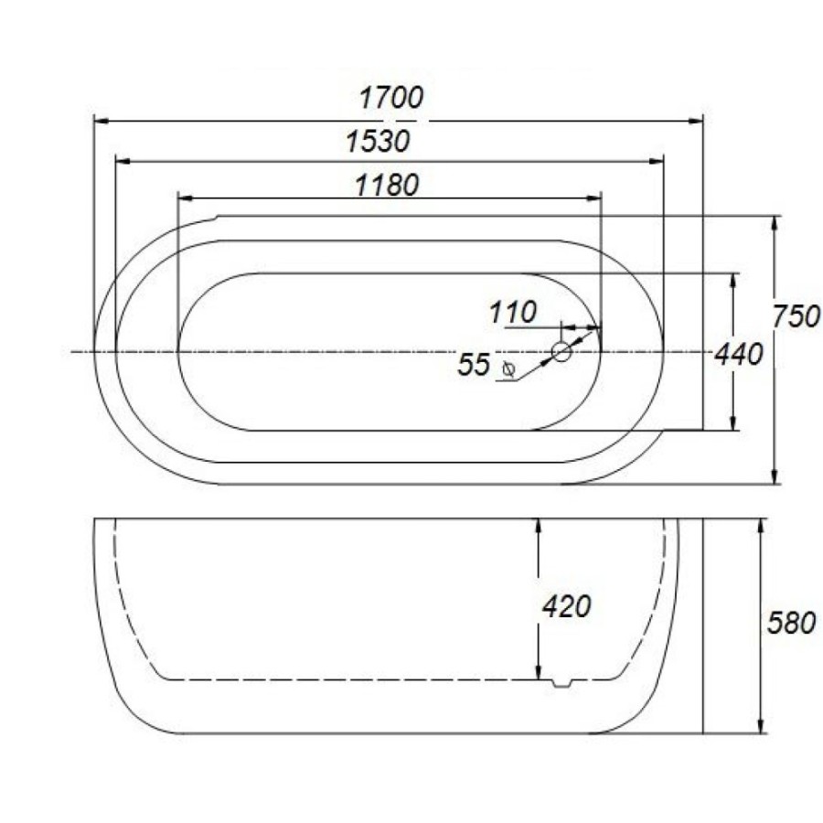 Ванна акриловая BelBagno, BB11-1700-R 170 х 75 см, правая