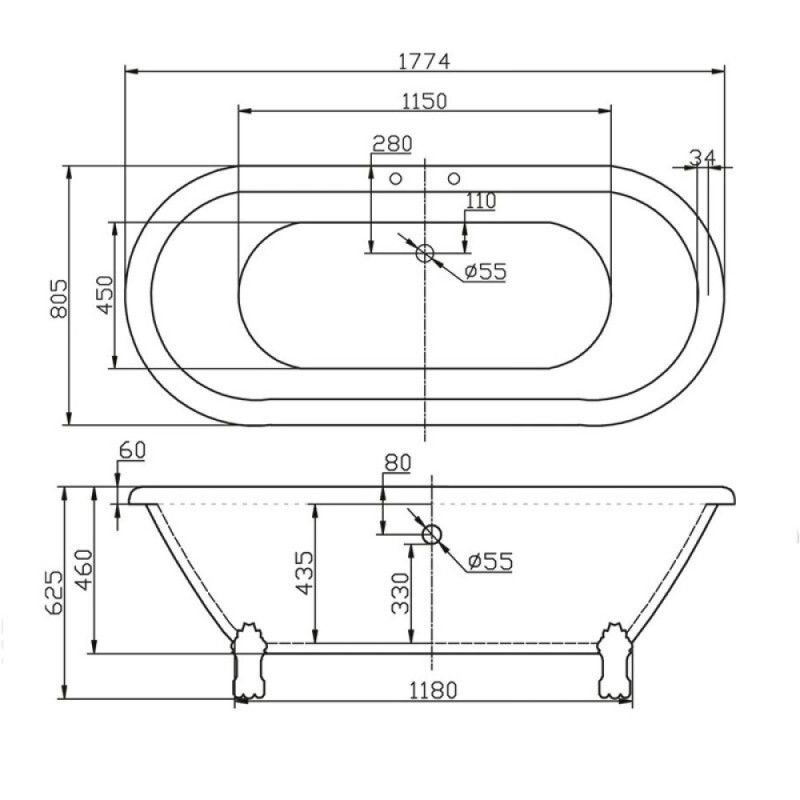 Ванна акриловая BelBagno BB21, 180 х 85 см, белая