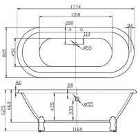 Ванна акриловая BelBagno BB21-ORO, 180 х 85 см, слив-перелив и ножки золото