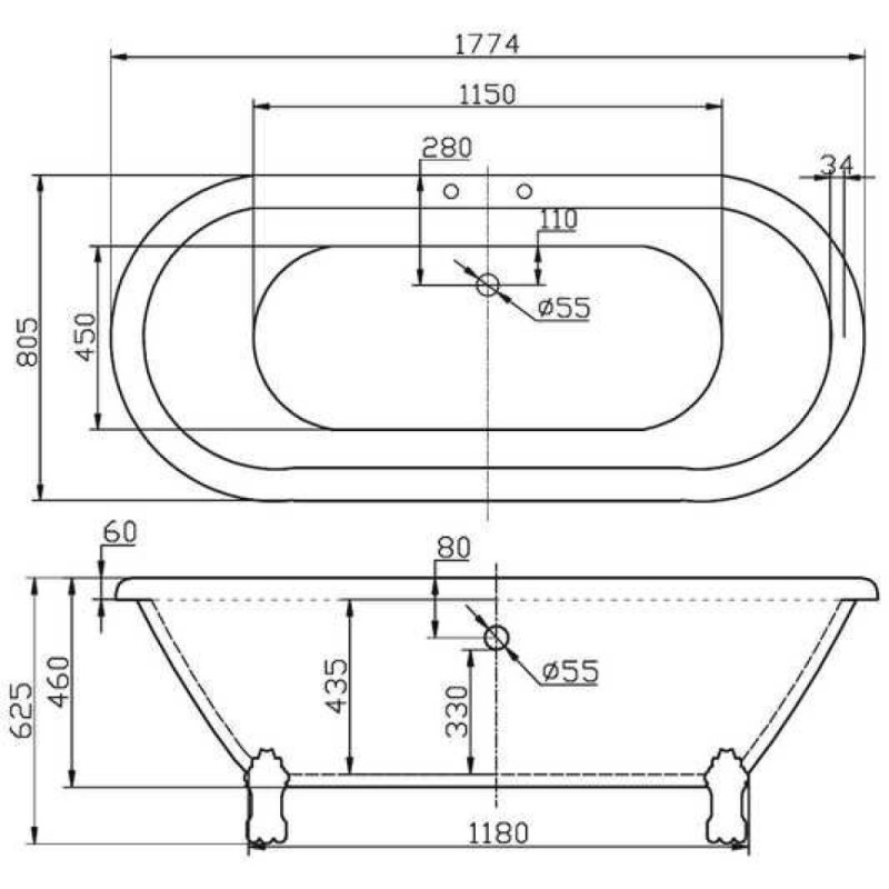 Ванна акриловая BelBagno BB21-ORO, 180 х 85 см, слив-перелив и ножки золото