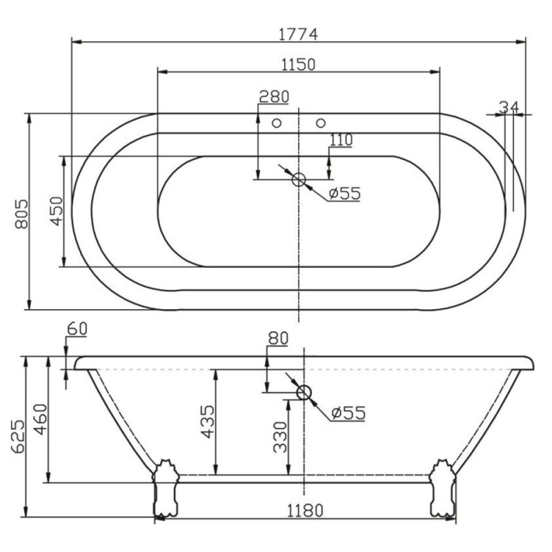 Ванна акриловая BelBagno BB21-ORO, 180 х 85 см, слив-перелив и ножки золото
