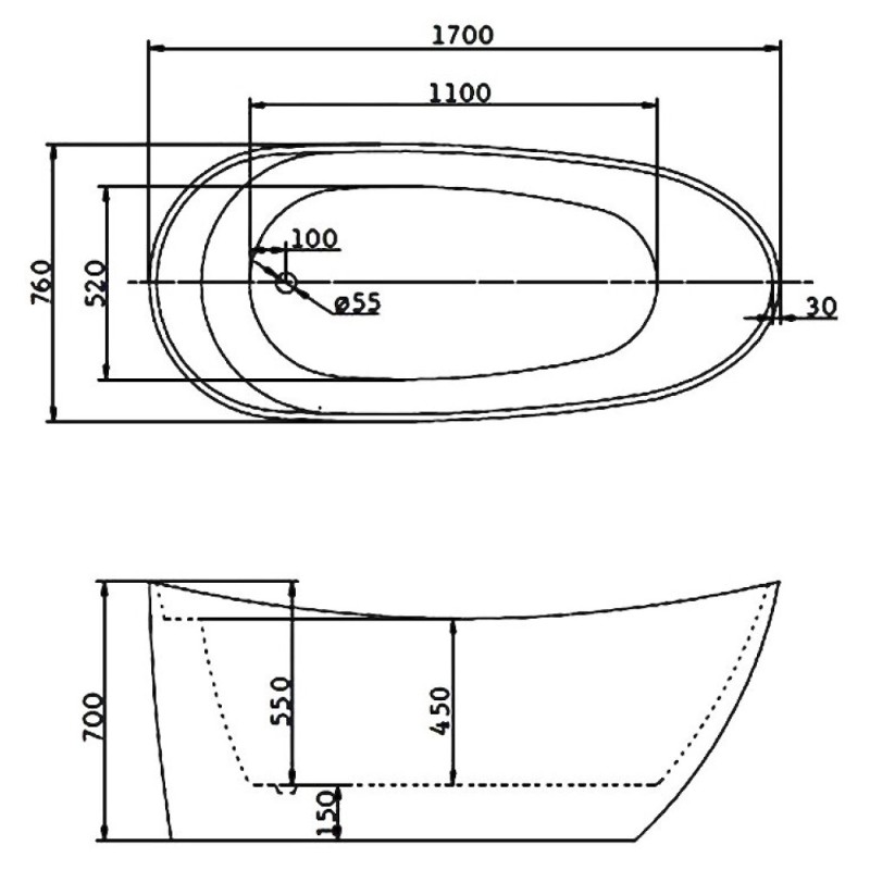 Ванна акриловая BelBagno BB25, 170 х 70 см