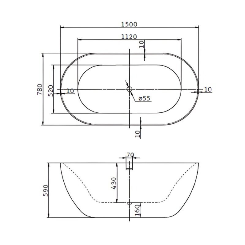 Ванна акриловая BelBagno BB27, 150 х 80 см, белая