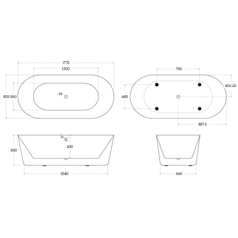 Ванна акриловая BelBagno BB306-1775, 180 х 80 см, белая