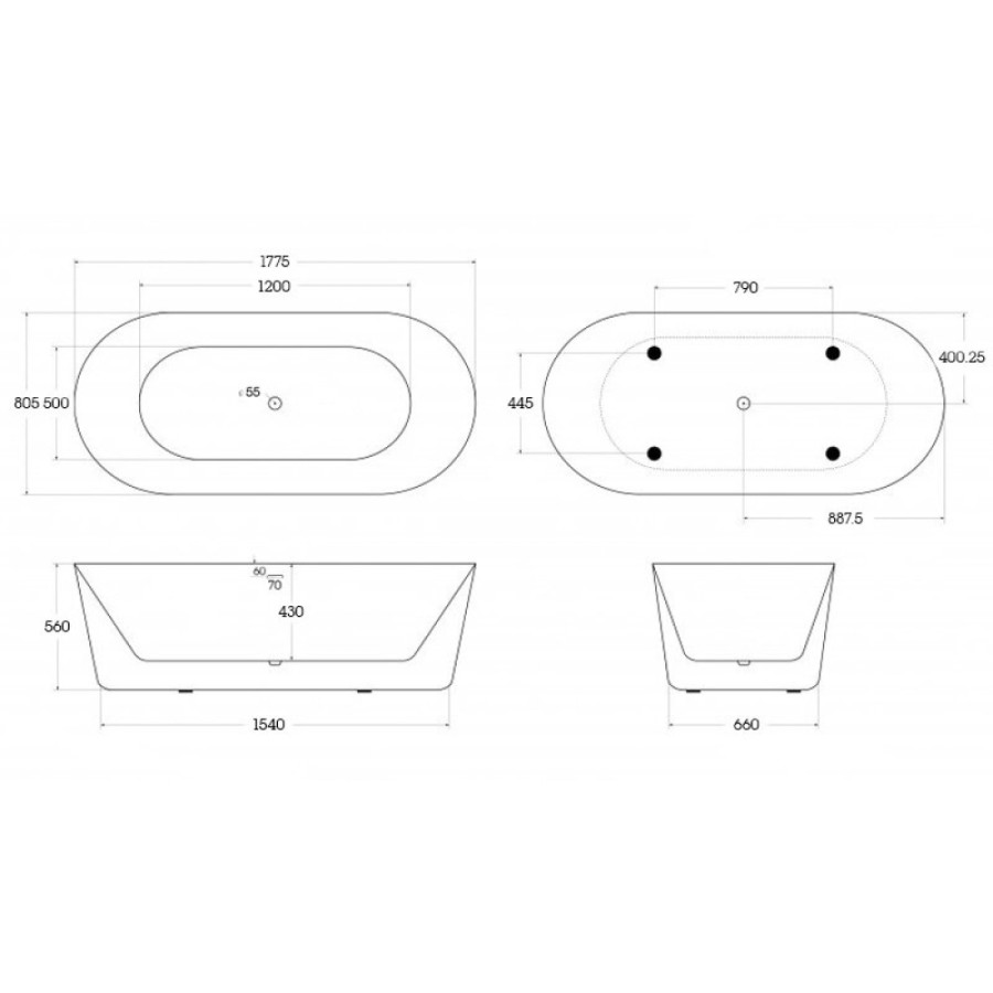 Ванна акриловая BelBagno BB306-1775, 180 х 80 см, белая