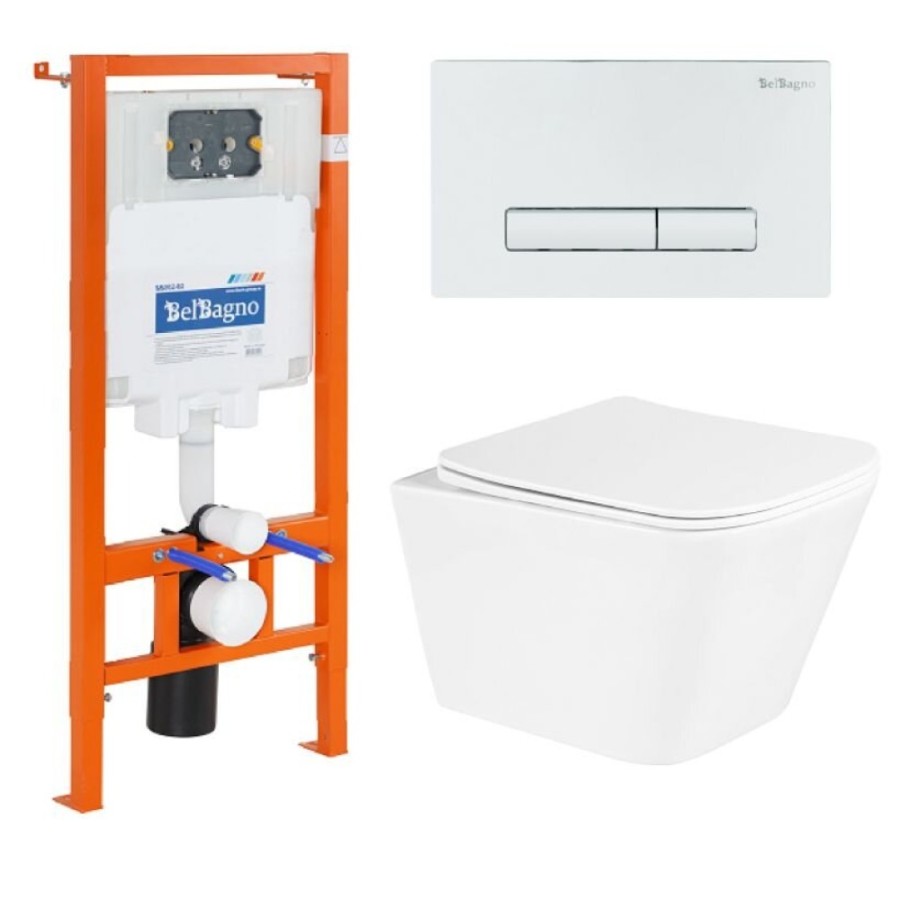 Инсталляция BelBagno с унитазом BelBagno Due BB3103CHR/SC, сиденье с микролифтом, клавиша белая, комплект