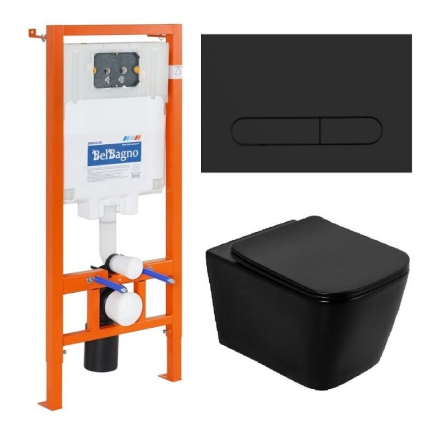 Инсталляция BelBagno BB3202CHR-MB/BB3202SC-MB/BB002-80/BB007-PR-NERO.M, с унитазом BelBagno Ardente-C, сиденье с микролифтом, клавиша черная, комплект