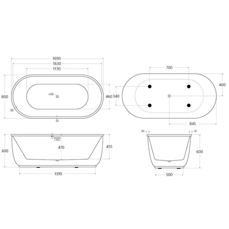 Ванна акриловая BelBagno BB401-1700-800, 170 х 80 см, слив-перелив в комплекте, белая