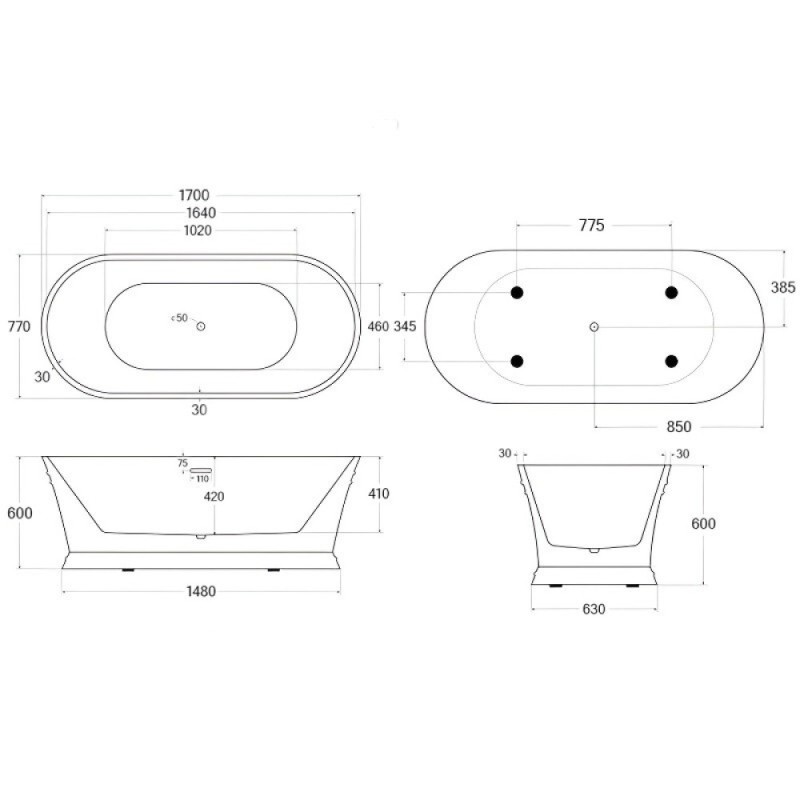 Ванна акриловая BelBagno BB402-1700-790, 170 х 80 см, слив-перелив в комплекте, белая
