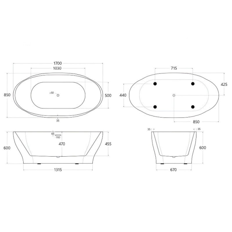 Ванна акриловая BelBagno BB403-1700-850, 170 х 85 см, слив-перелив в комплекте, белая