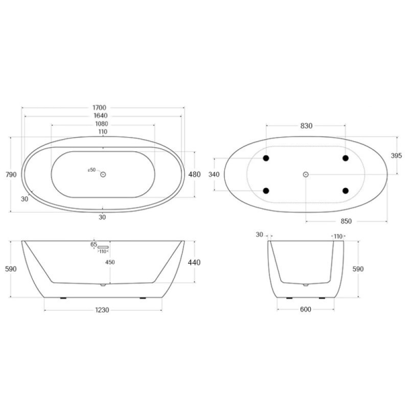Ванна акриловая BelBagno BB404-1700-800, 170 х 80 см, слив-перелив в комплекте, белая