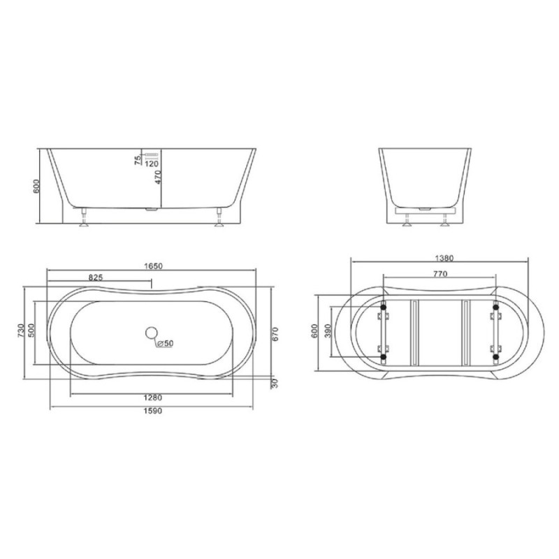 Ванна акриловая BelBagno BB406-1650-730, 165 х 75 см, белая