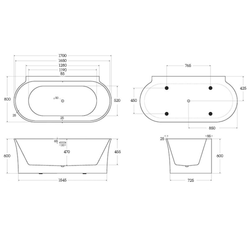 Ванна акриловая BelBagno BB409-1700-800, 170 х 80 см, слив-перелив в комплекте, белая