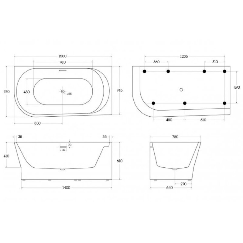 Ванна акриловая BelBagno BB410-1500-780-L/R, 150 х 80 см, слив-перелив в комплекте, белая