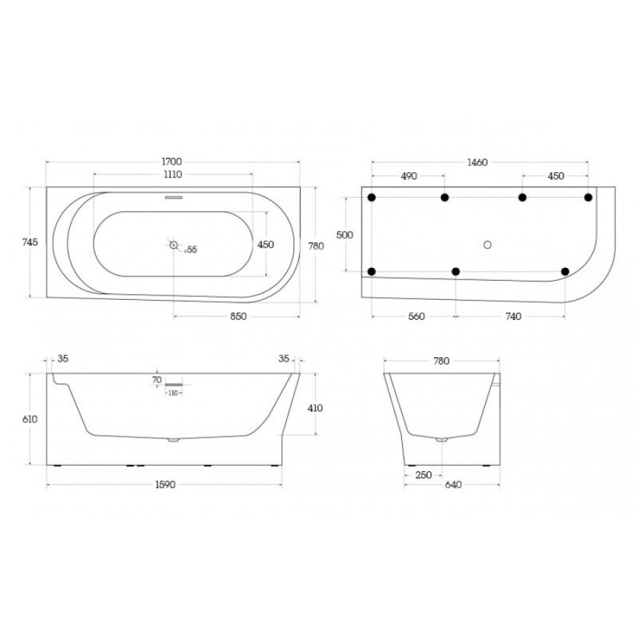 Ванна акриловая BelBagno BB410-1700-780-L/R, 170 х 80 см, слив-перелив в комплекте, белая