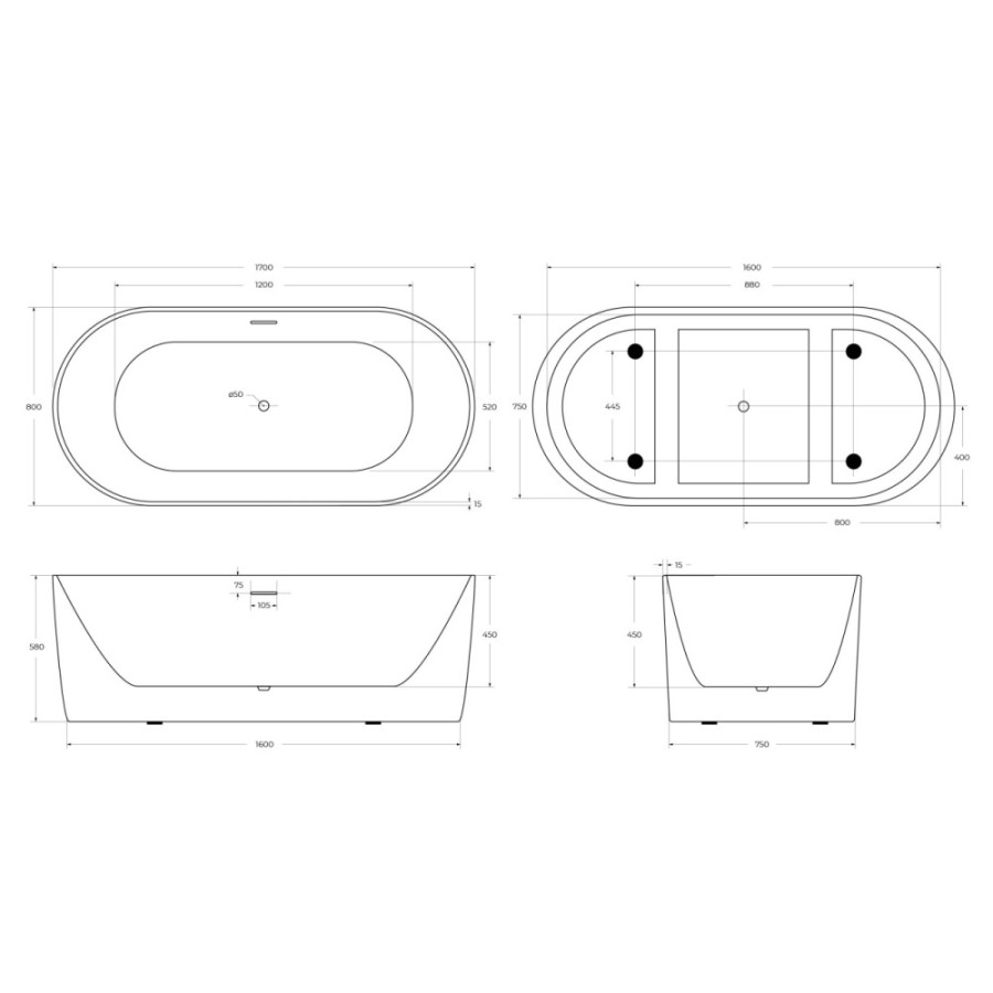 Ванна акриловая BelBagno BB411-1700-800-MATT, 170 х 80 см, слив-перелив в комплекте, белая матовая