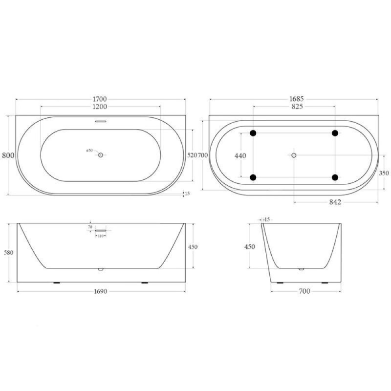 Ванна акриловая BelBagno BB412-1700-800, 170 х 80 см, слив-перелив в комплекте, белая