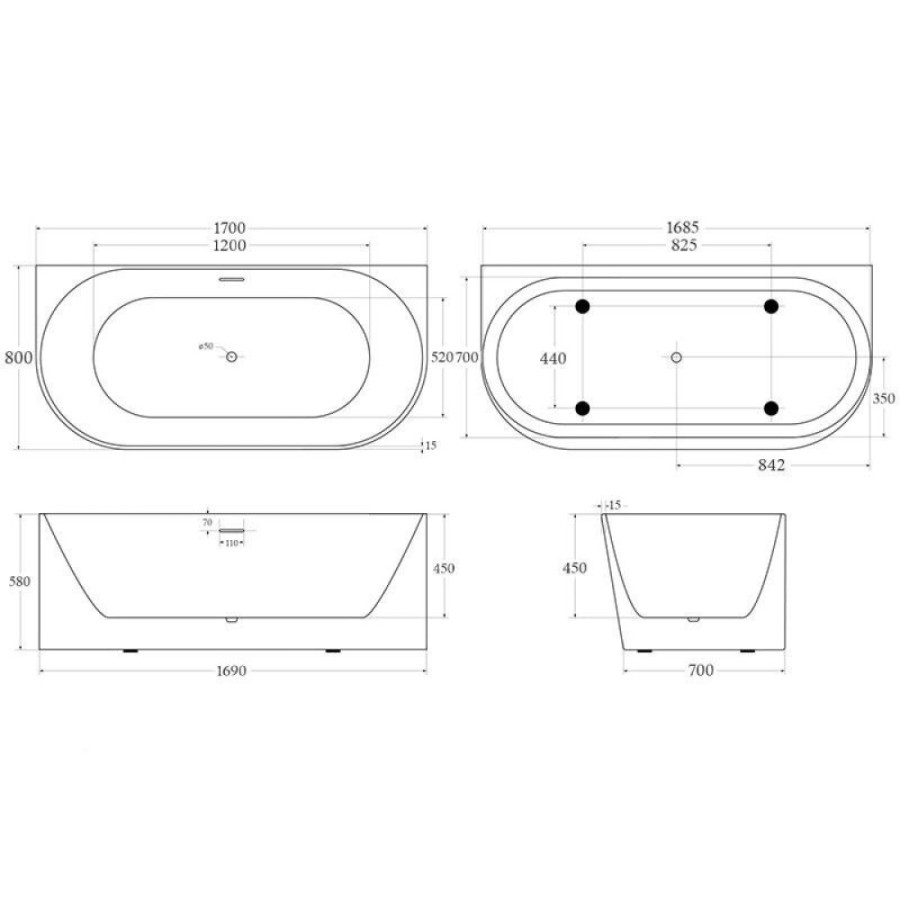 Ванна акриловая BelBagno BB412-1700-800, 170 х 80 см, слив-перелив в комплекте, белая