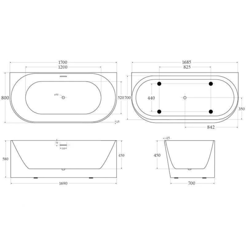 Ванна акриловая BelBagno BB412-1700-800-MATT, 170 х 80 см, слив-перелив в комплекте, белая матовая