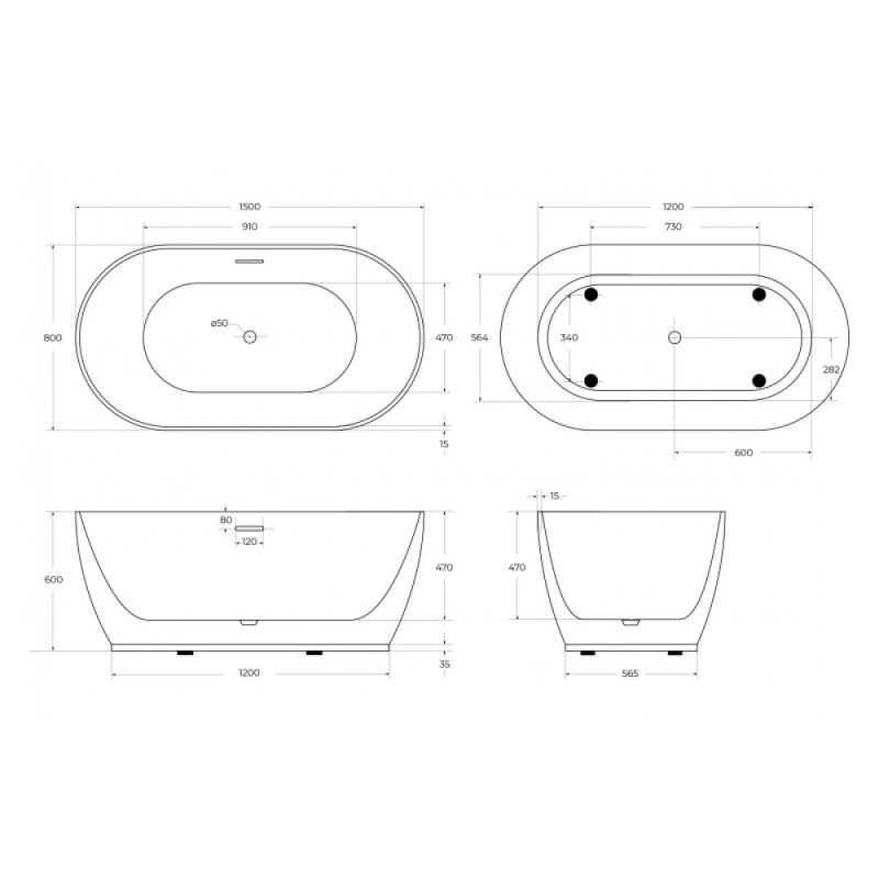 Ванна акриловая BelBagno BB413-1500-800, 150 х 80 см, слив-перелив в комплекте, белая