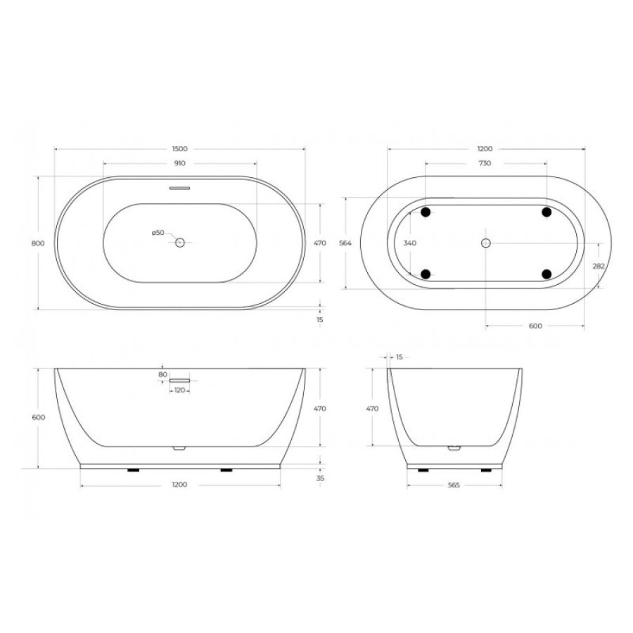 Ванна акриловая BelBagno BB413-1500-800, 150 х 80 см, слив-перелив в комплекте, белая
