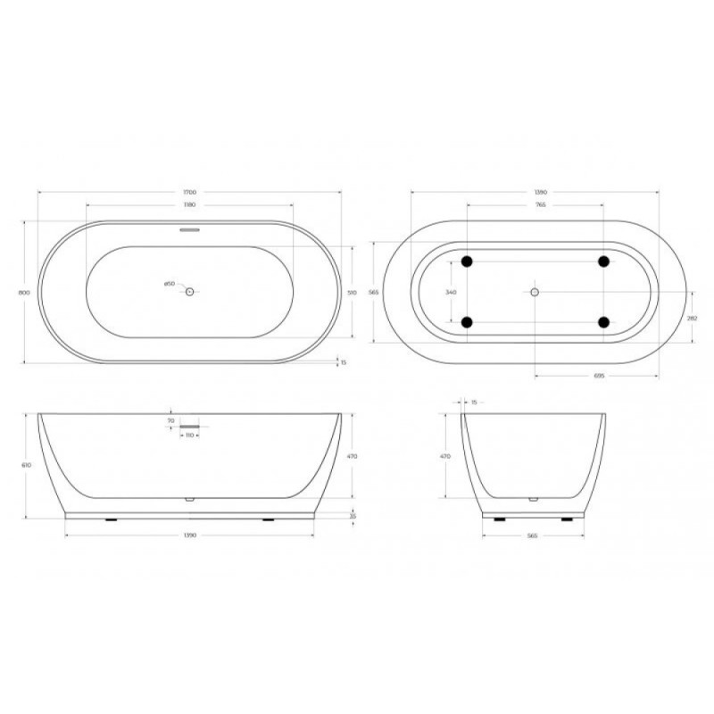 Ванна акриловая BelBagno BB413-1700-800-MATT, 170 х 80 см, слив-перелив в комплекте, белая матовая
