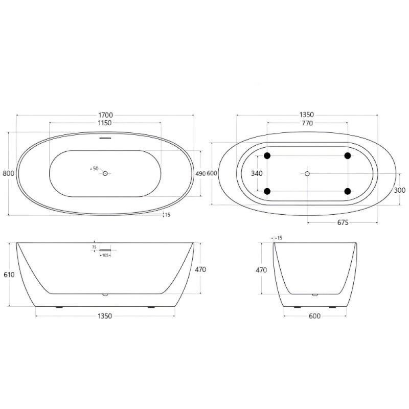 Ванна акриловая BelBagno BB414-1700-800, 170 х 80 см, слив-перелив в комплекте, белая