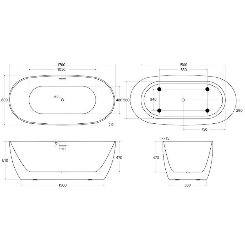 Ванна акриловая BelBagno BB415-1700-800, 170 х 80 см, слив-перелив в комплекте, белая