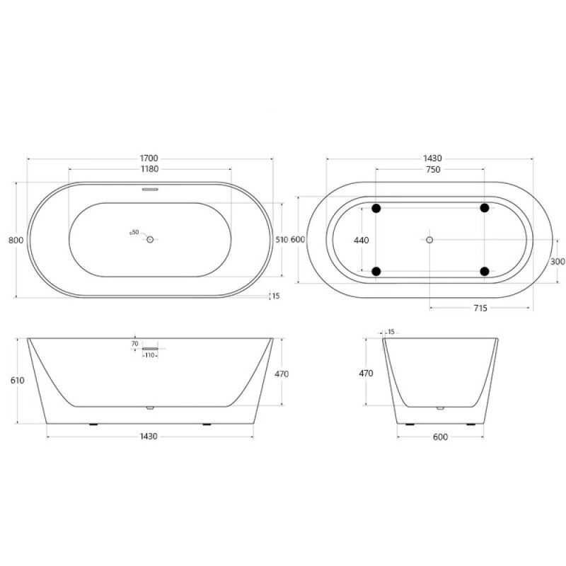 Ванна акриловая BelBagno BB416-1700-800, 170 х 80 см, слив-перелив в комплекте, белая