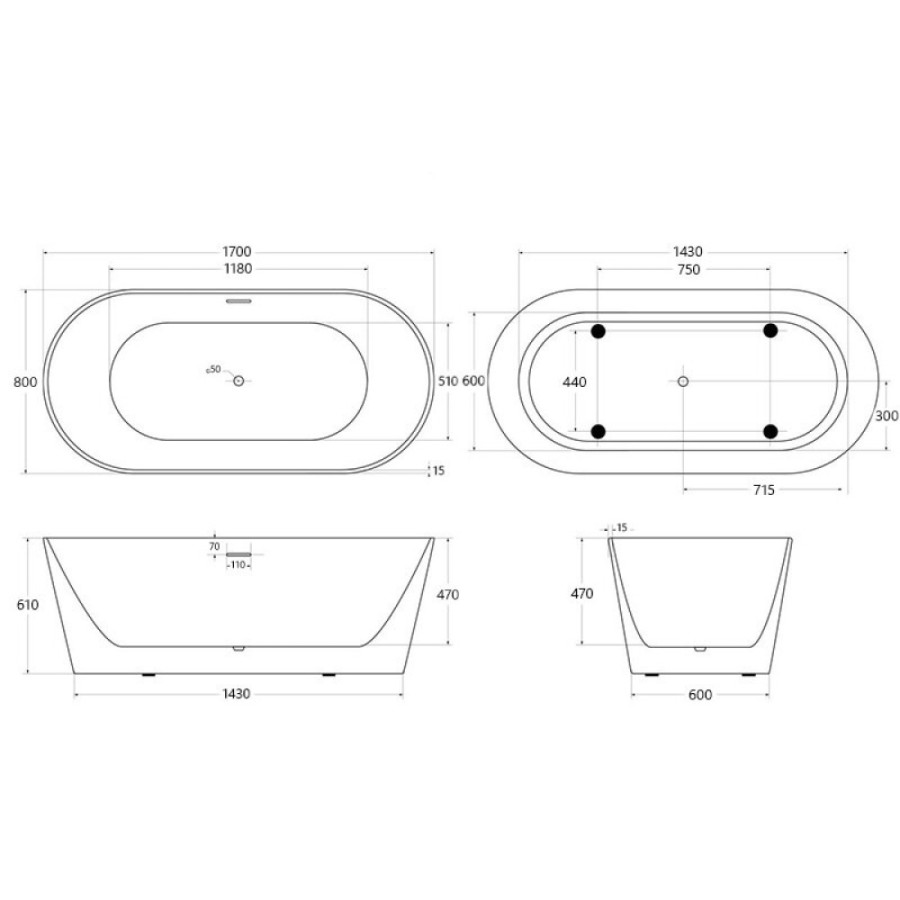 Ванна акриловая BelBagno BB416-1700-800, 170 х 80 см, слив-перелив в комплекте, белая