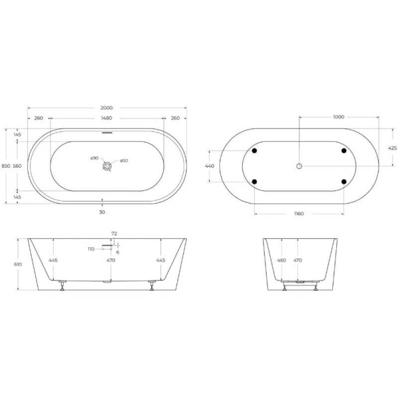 Ванна акриловая BelBagno BB416-2000-850, 200 х 85 см, слив-перелив в комплекте, белая