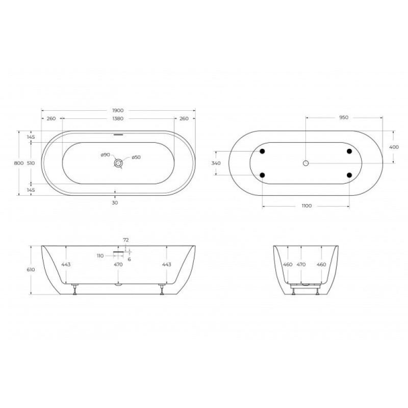 Ванна акриловая BelBagno BB417-1900-800, 190 х 80 см, слив-перелив в комплекте, белая