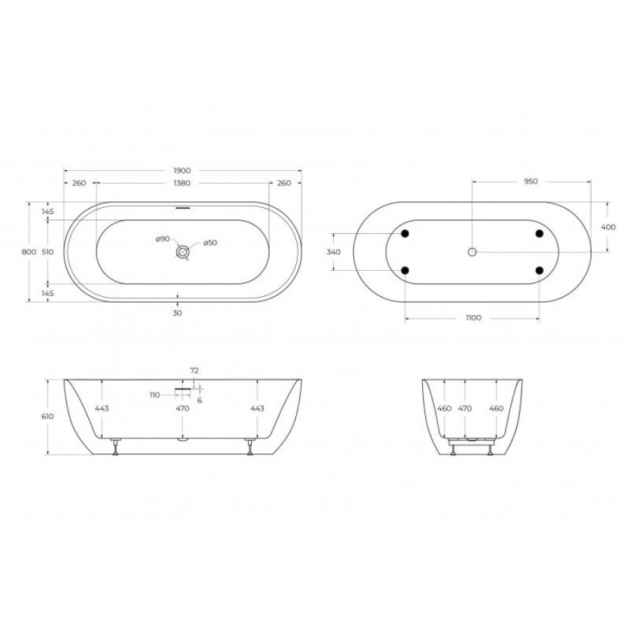 Ванна акриловая BelBagno BB417-1900-800, 190 х 80 см, слив-перелив в комплекте, белая