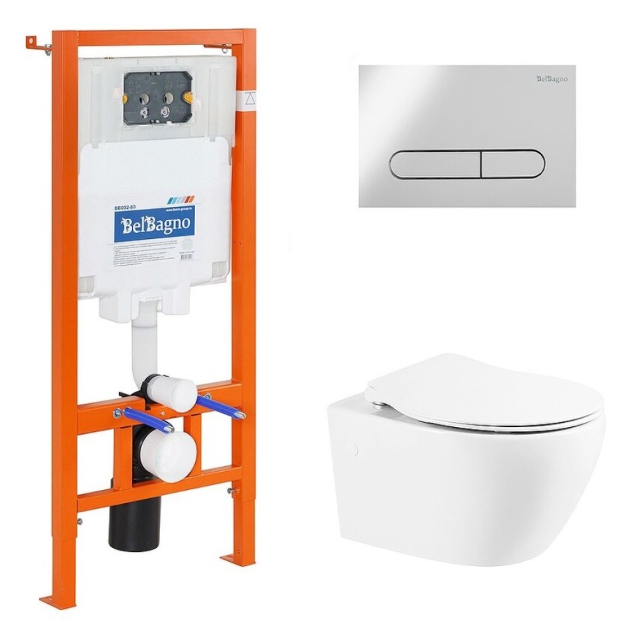Инсталляция BelBagno BB507B/BB2020SC/BB002-80/BB005-PR-CHROME, безободковый белый унитаз, сиденье микролифт, клавиша смыва хром